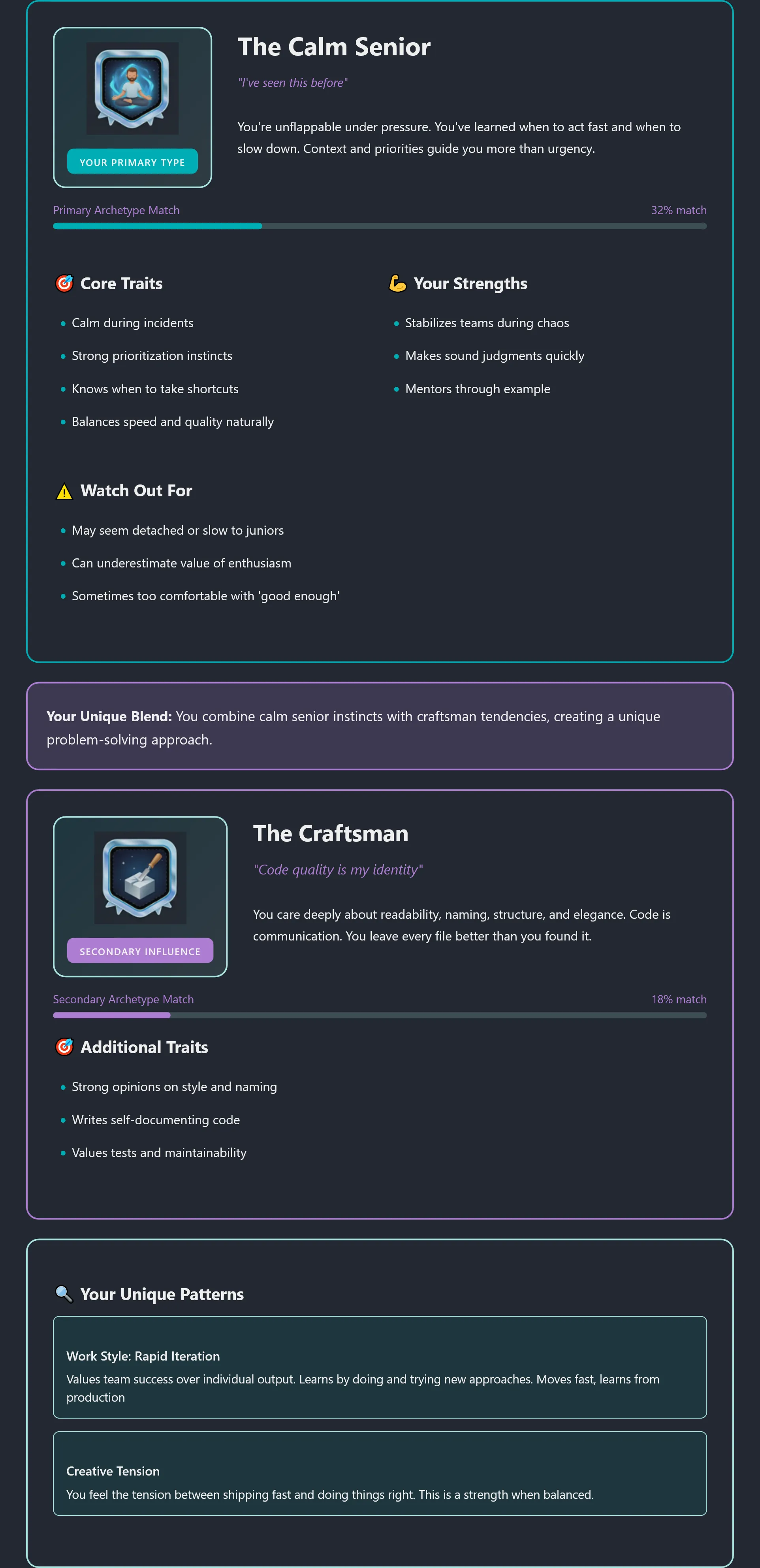 Developer Type Assessment Screenshot
